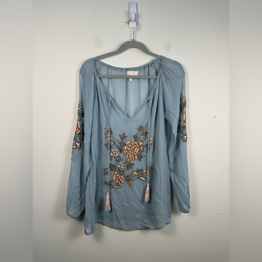 Miss June Floral Embroidered Blouse in Blue Size Small Boho‎ *Flawed Pictured
